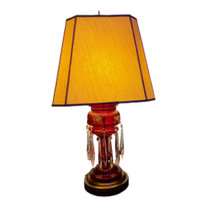 Late 19th Century Victorian Bohemian Cranberry Glass Lustre Table Lamp With Enameled Flowers & Crystal Prisms