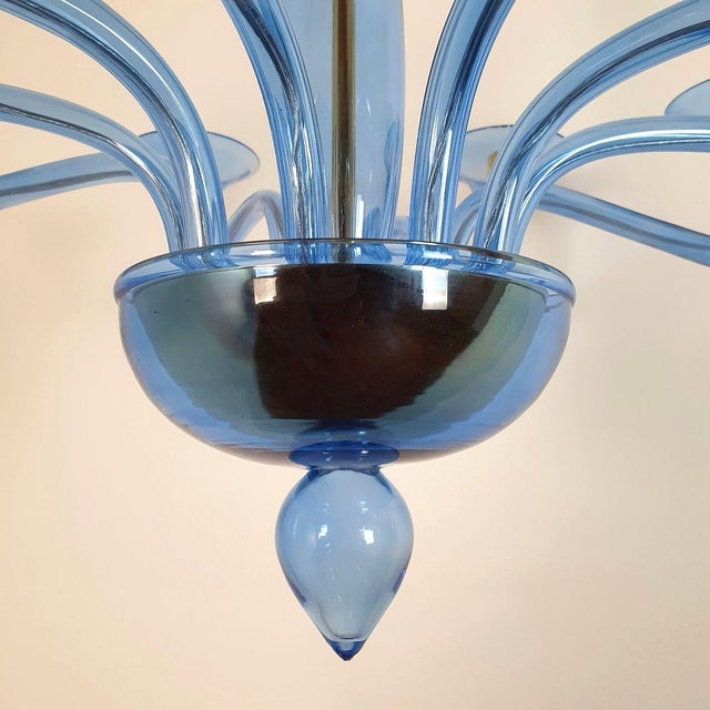 Metal 1980s Large Mid-Century Modern Blue Murano Glass Chandelier For Sale - Image 7 of 12