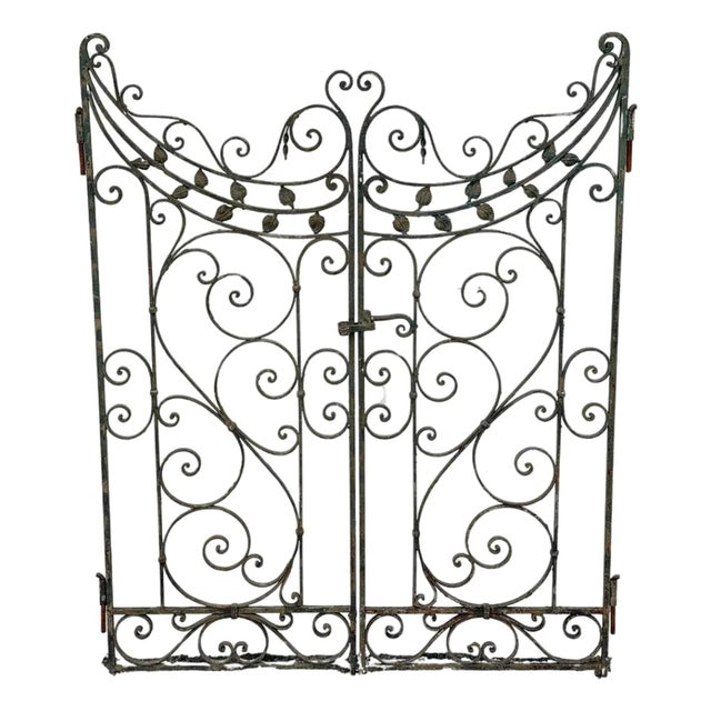 Antique Spanish Renaissance Scrolling Wrought Iron 57 X 45 Garden Entry Gate Set For Sale