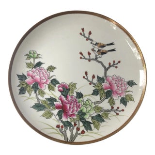 Large Round Chinoiserie Handpainted Porcelain Serving Platter With Birds and Peonies For Sale