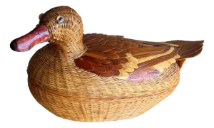 Circa 1970/1980 Finely Handcrafted Lacquered Rattan & Bamboo Decorative Duck Storage Basket