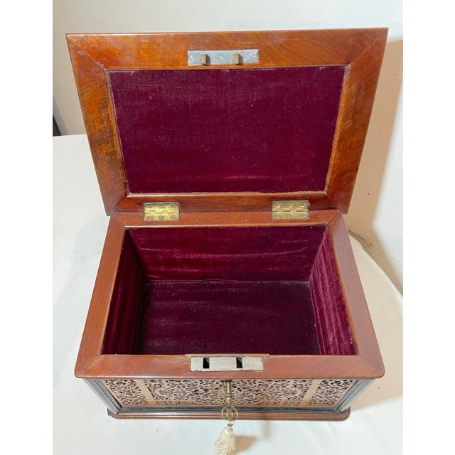 High Quality 1800's Antique Handmade Carved Wood Ornate Brass Jewelry Box Casket For Sale - Image 13 of 16