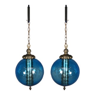 Set of 2 Carl Faulkenstein Mid-Century Modern Blue Glass Swag Lights Globes Orbs 1966 For Sale