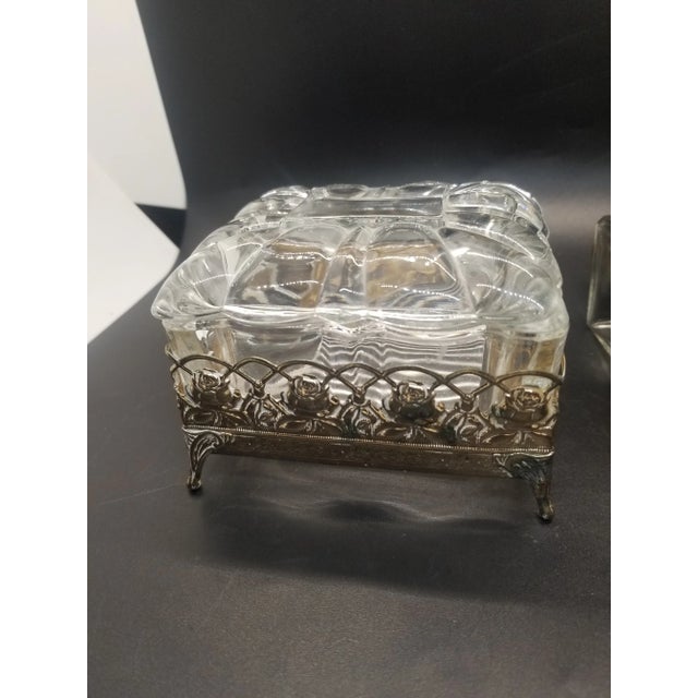 Metal Vintage Glass and Gold Filligree Vanity Set, With Trinket Box and Perfume Bottles, Dressing Table Set For Sale - Image 7 of 10