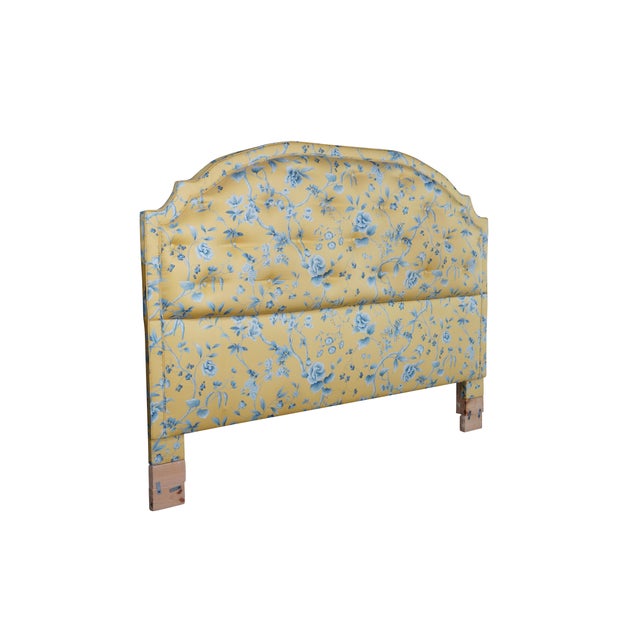 Modern Vintage Yellow & Blue Chintz Upholstered Serpentine Tufted King Size Headboard For Sale - Image 3 of 14