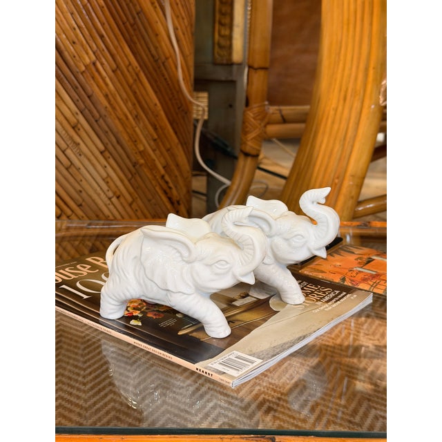 Pair of Vintage Inarco White Glazed Elephant Figurines With Raised Trunks For Sale - Image 12 of 12