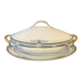 1930s Meito China Hand-Painted Covered Casserole & Underplate, 3 Pieces For Sale