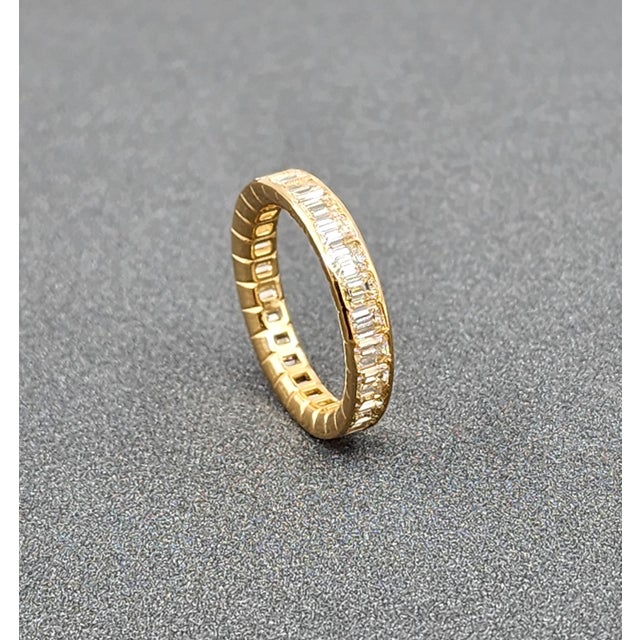 Metal 3.25 Ct Natural Yellow Emerald Cut Diamond Eternity Ring Size 7 For Sale - Image 7 of 8