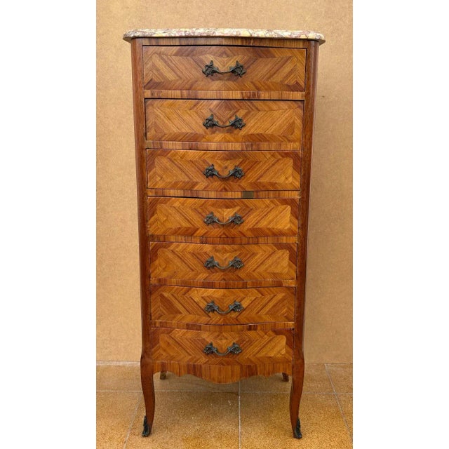 French Marquetry Chest of Drawers with Marble Top, 1940s For Sale - Image 3 of 9