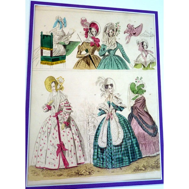 Set of 6 1837 the Beau Monde Hand-Colored Millinery & Fashion Plates 11" X 14" Custom Mat For Sale - Image 4 of 11