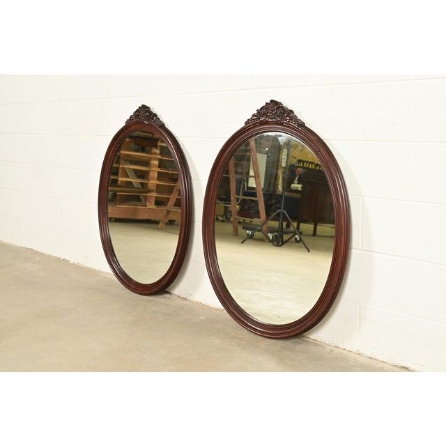 Victorian Romweber Style Antique Victorian Carved Mahogany Oval Wall Mirrors, Pair For Sale - Image 3 of 7