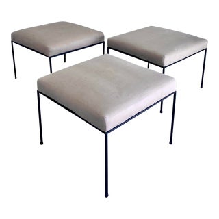 1950s Upholstered Wrought Iron Based Stools Attributed to Paul McCobb - Set of 3 For Sale