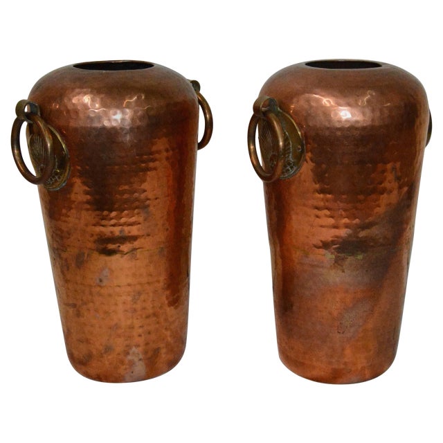 Pair of Hammered Copper Vases With Egyptian Details For Sale