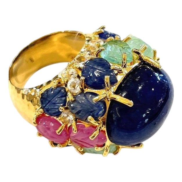 Bochic "Capri" Vintage Diamond, Ruby, Emerald & Sapphire Ring Set 18K Gold & Silver For Sale