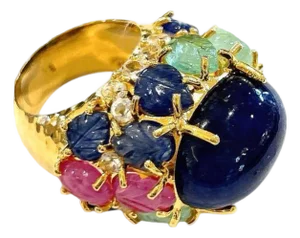 Bochic "Capri" Vintage Diamond, Ruby, Emerald & Sapphire Ring Set 18K Gold & Silver