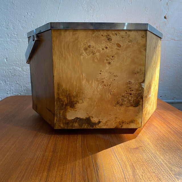Wood 1970s Modernist Hexagonal Burl Olive Wood Chrome Handle Basket For Sale - Image 7 of 8