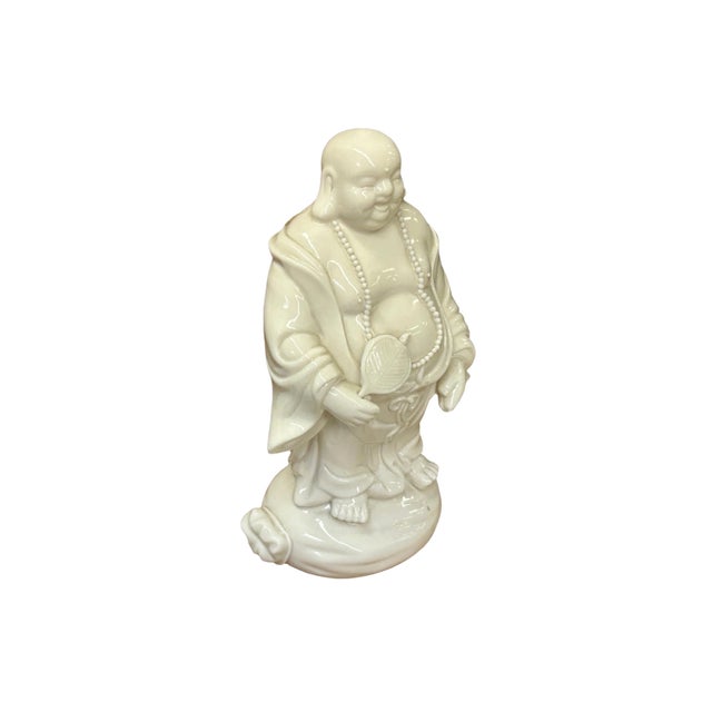 Religious White Happy Laughing Buddha Holding Fan Deity Porcelain Figure For Sale - Image 3 of 10