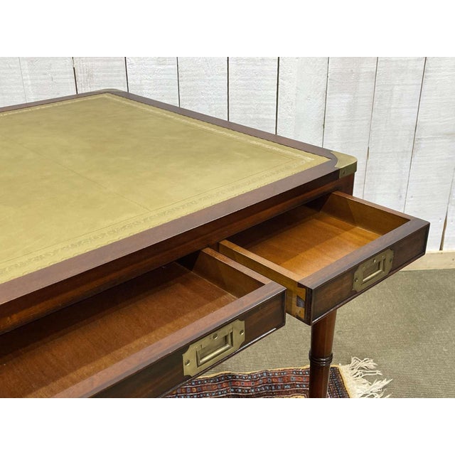 Brown English Nautical Style Flat Top Desk in Mahogany with Leather Top, 1980s For Sale - Image 8 of 12