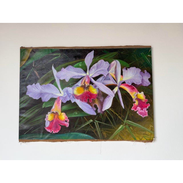 Mid-Century Modern 2000's Ashrami Tropical Orchids Oil on Canvas Painting – Signed, Unframed For Sale - Image 3 of 11