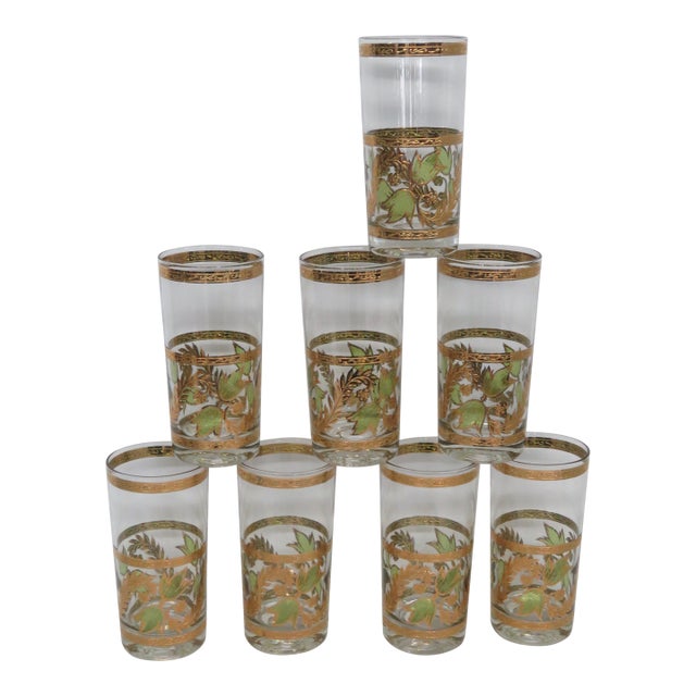 Culver Highball Glasses Green Ivy and 22k Gold Vines Set of Eight 4602b For Sale