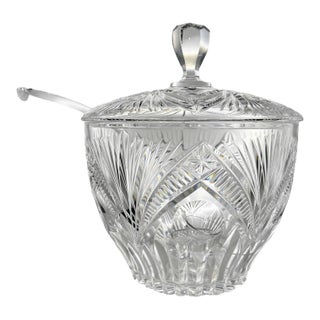 1950s Punch Bowl With Lid, Gorham Rosewood Crystal with Spoon| Fanned-Cut Centerpiece For Sale