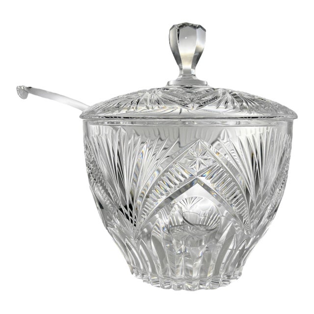 1950s Punch Bowl With Lid, Gorham Rosewood Crystal with Spoon| Fanned-Cut Centerpiece For Sale