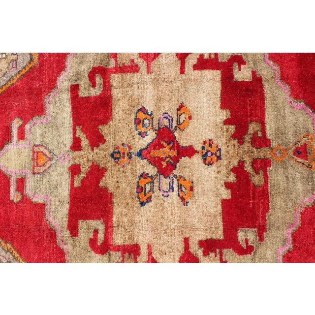 Textile Mid 20th Century Bright Red and Taupe Vintage Turkish Oushak Rug With Dual Medallion Design For Sale - Image 7 of 10