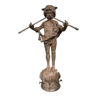 Vintage Neoclassical Patinated Bronze Fountain – Boy Playing Double Flute on Fish Base For Sale