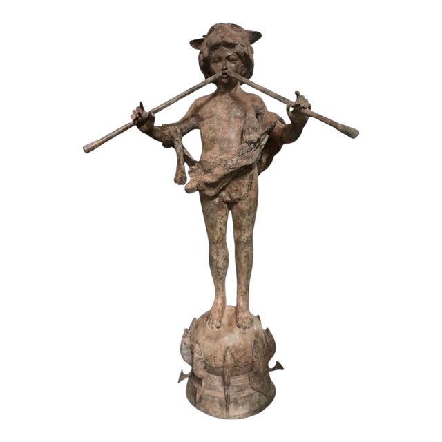 Vintage Neoclassical Patinated Bronze Fountain – Boy Playing Double Flute on Fish Base For Sale