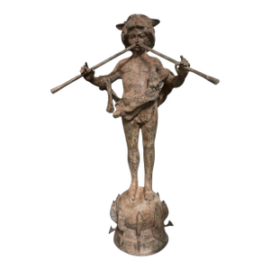 Vintage Neoclassical Patinated Bronze Fountain – Boy Playing Double Flute on Fish Base