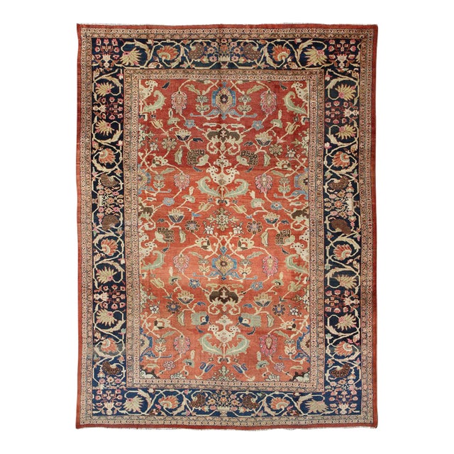 Large Antique Hand Knotted Sultanabad Rug in Red and Blue For Sale