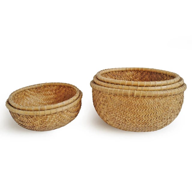 Wood Vintage Javanese Boho Bamboo Round Basket Medium For Sale - Image 7 of 8
