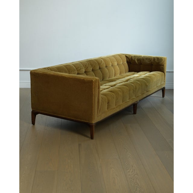 Beautiful 1970s Biscuit Tufted Sofa by Maurice Bailey for Monteverdi and Young in a burnt gold crushed velvet upholstery....