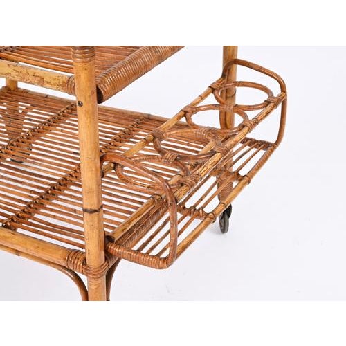 Midcentury French Riviera Rattan and Wicker Serving Bar Cart Trolley, 1960 For Sale - Image 15 of 18