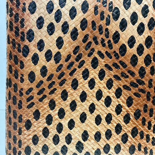 Tan Vintage Boho Chic Hollywood Regency Coastal Leopard Woven Rattan Stools - A Pair. For Sale - Image 8 of 16