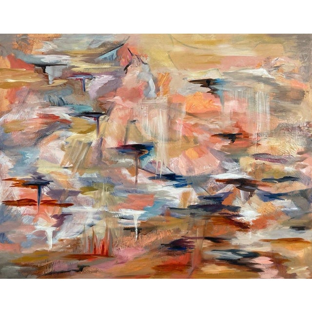 Large vintage colorful abstract acrylic on canvas painting.