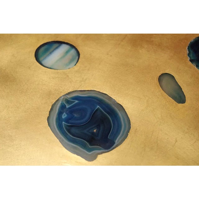 1970s Oak, Gilt, & Agate Inlaid Dining Table, 1970s For Sale - Image 5 of 6