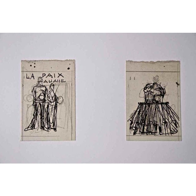 Pair of pencil and china ink drawings. Not signed. Good condition. This piece is attributed to the mentioned...