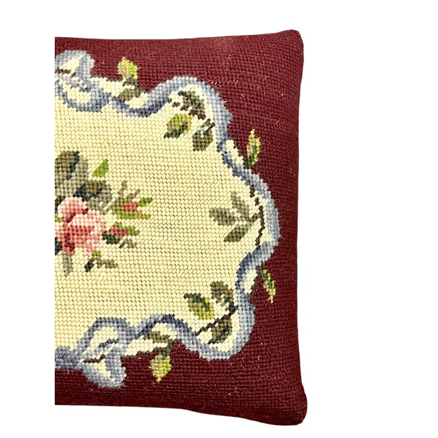 Vintage Burgundy Floral Needlepoint Footstool With Turned Pine Legs For Sale - Image 11 of 13