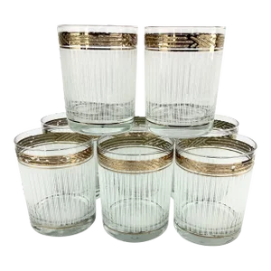 Vintage Georges Briard Old Fashioned Glasses With Gilt Band and Frosted Stripes - Set of 8
