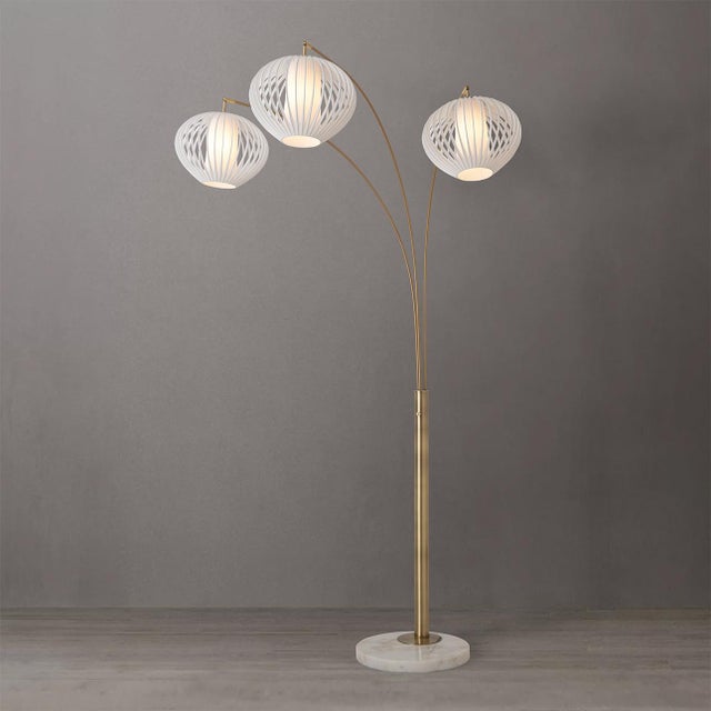 Nova 1990s Bloom 3-Light Arc Floor Lamp - Weathered Brass, White Marble Base, White Satin Shade, Dimmer Switch For Sale - Image 4 of 9