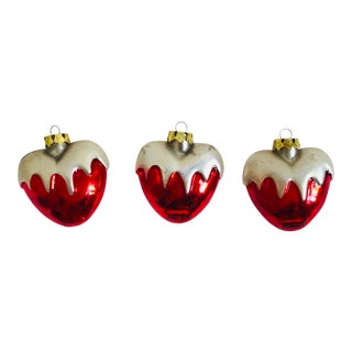 Vintage Hand Blown Glass Snowy Heart Ornaments - Set of 3 For Sale