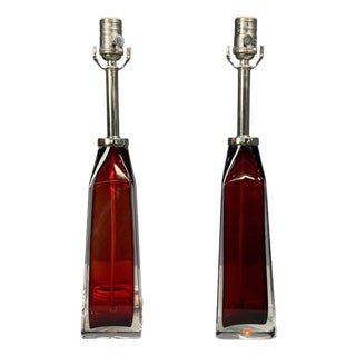 Carl Fagerlund, Table Lamps, Red Glass, Sweden, 1950s For Sale