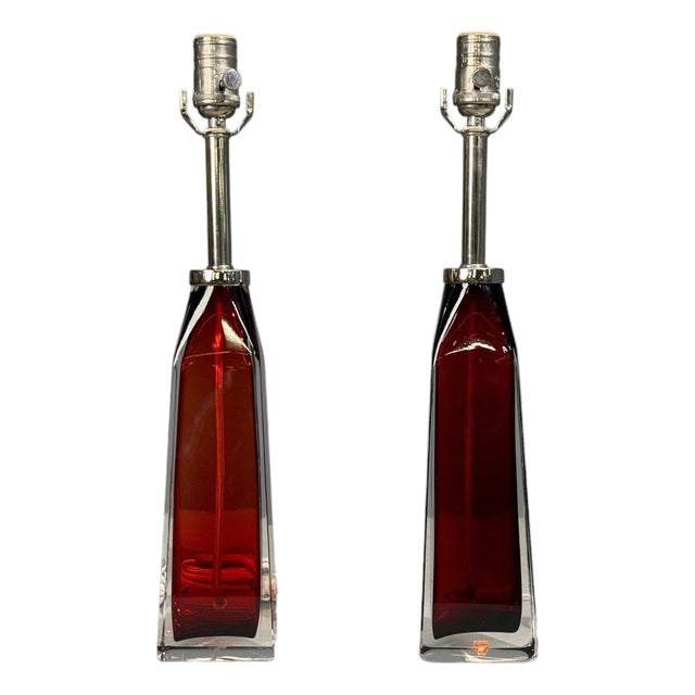 Carl Fagerlund, Table Lamps, Red Glass, Sweden, 1950s For Sale