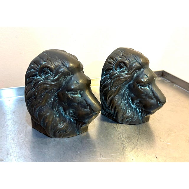1970s San Pacific Heavy Brass Lion Head Bookends For Sale - Image 5 of 5