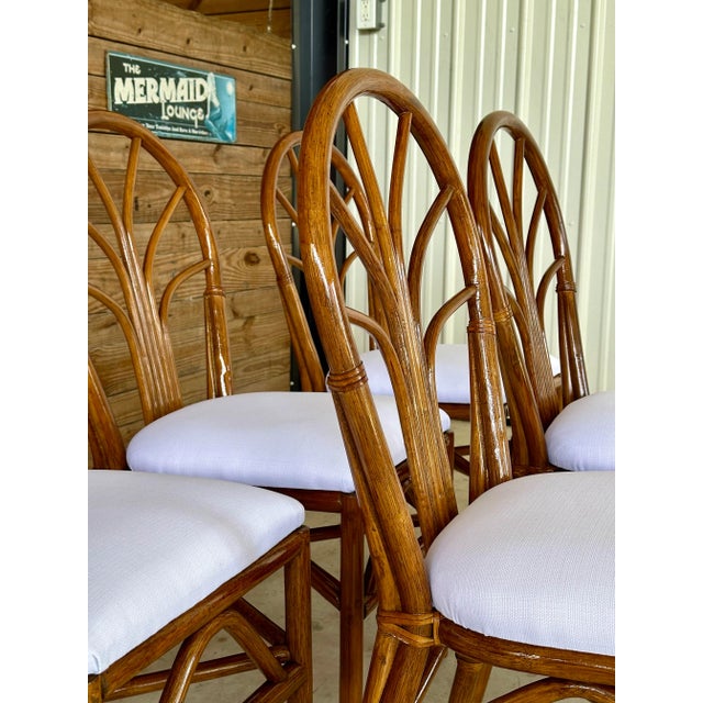 Contemporary Set of 6 Restored Coastal Rattan Dining Chairs in White Sunbrella For Sale - Image 3 of 11
