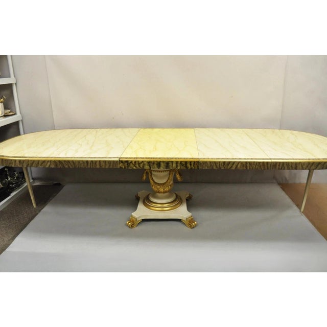 Late 20th Century Italian Regency Cream & Gold Gilt Lacquered Urn Pedestal Dining Table - 3 Leaves For Sale - Image 16 of 16