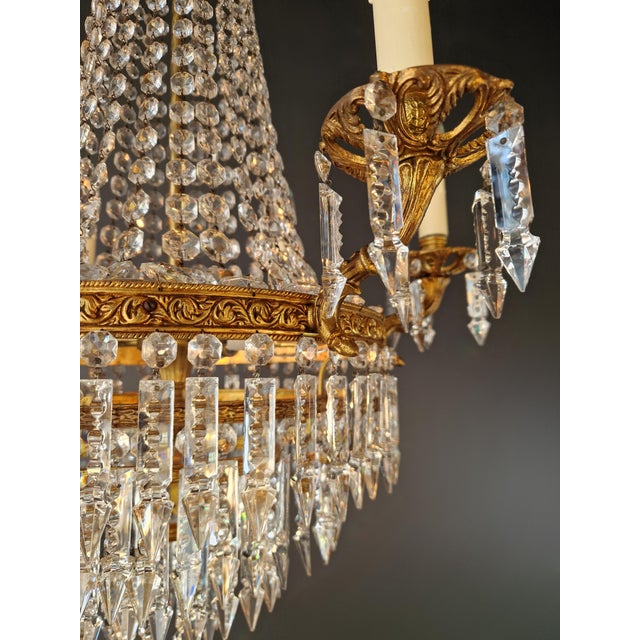Brass Antique Italian Baroque Style Crystal Chandelier Brass Basket Form Restored For Sale - Image 8 of 10