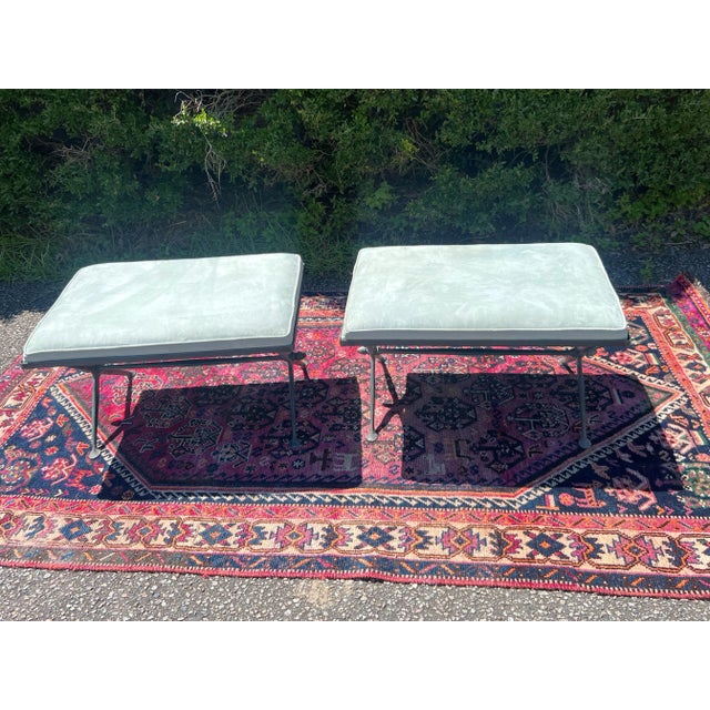 Blue Vintage Iron X Base Blue Suede Benches - a Pair For Sale - Image 8 of 10