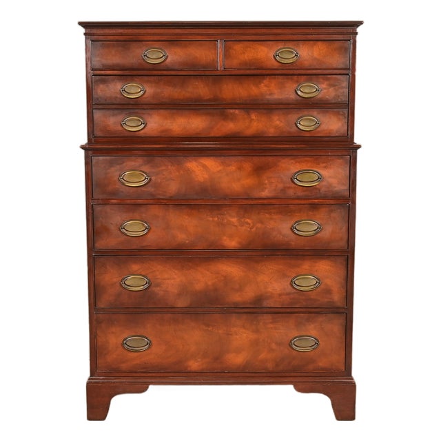 Henredon Georgian Flame Mahogany Highboy Dresser, Circa 1950s For Sale